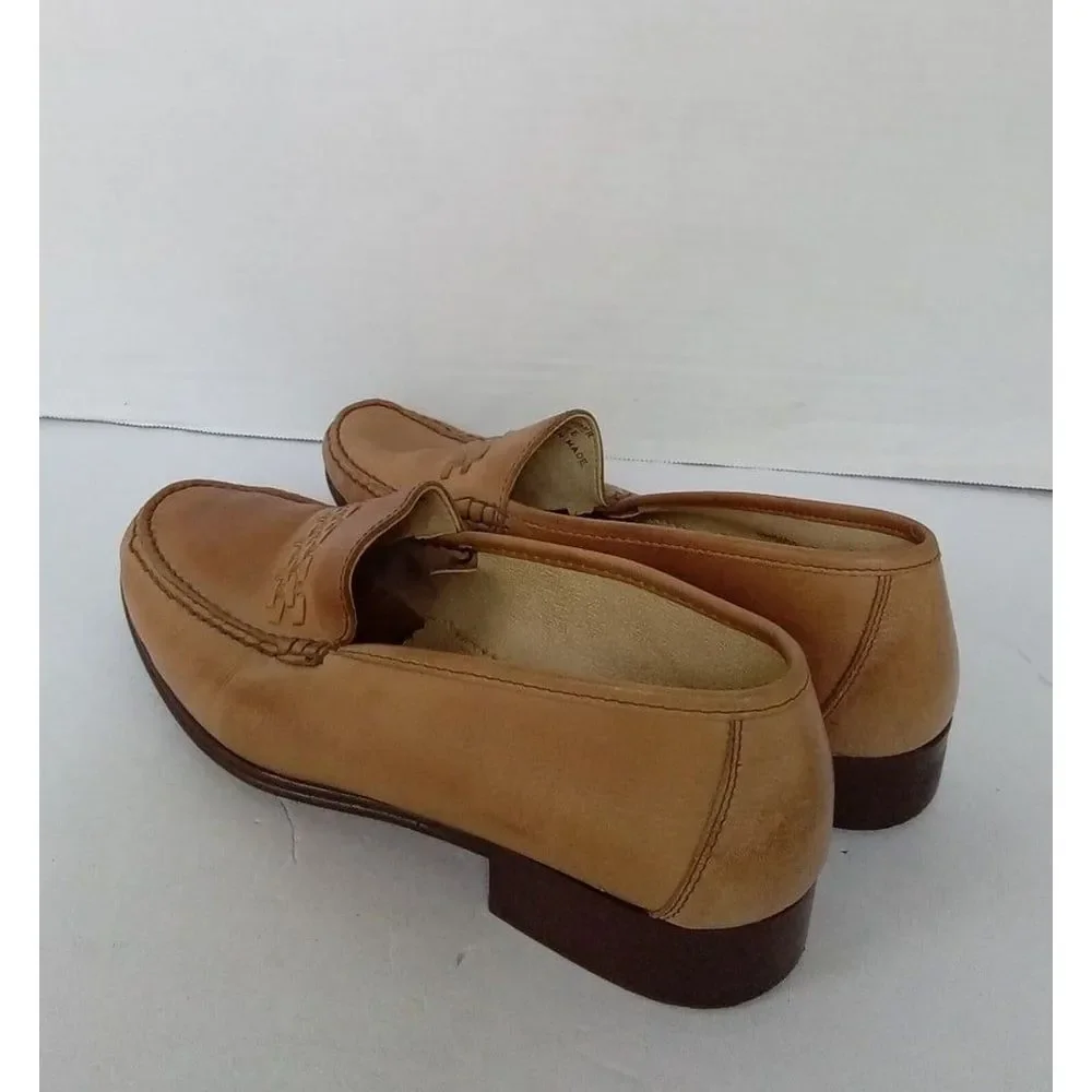 Classic Tan Leather Loafers Woven Detail‎ Slip-On Comfort Dress Shoes